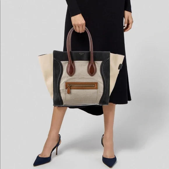 Auth Celine Calfskin Canvas Mini Tricolor Tri-Color Luggage Tote Bag - Picture 3 of 15